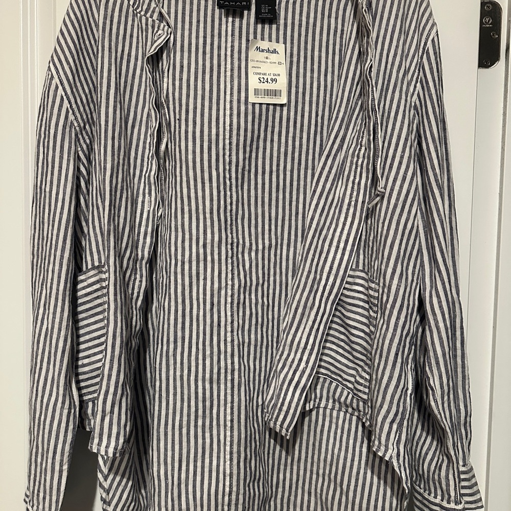 Tahari Blue and White Striped Button Down Shirt